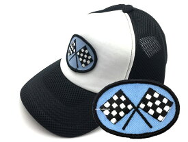 MESH CAP CHECKER FLAGS（メッシュキャップチェッカーフラッグ）BLUE ブルー青デッドストック当時物ワッペン刺繍usaメンズレディース帽子アメカジストリートカジュアルバイカーズファッションバイクウェアライディングウェア