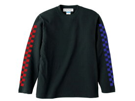 袖CHECKER L/S T-shirt（袖チェッカーロングスリーブTシャツ）BLACK × RED × BLUE 長袖ロンteeチェックチェッカーフラッグvansヴァンズバンズ袖プリントサイドライン重ね着レイヤードレースレーサーレーシングレーシーvmxモトクロス70s