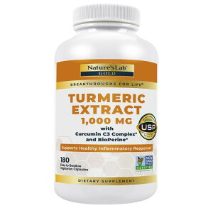 �y�A�����J�R�X�g�R�i�z�l�C�`���[�Y���{ �E�R���G�L�X 1000mg �N���N�~�� C3 �R���v���b�N�X & �o�C�I�y�����z�� �x�W�^���A���J�v�Z�� 180 �� Nature's Lab Turmeric Extract 1000mg with Curcumin C3 Complex & B