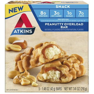 �A�g�L���X �v���e�C�� �X�i�b�N�o�[ �s�[�i�b�c �I�[�o�[���[�h 8g�v���e�C�� 5�{ Atkins Snack, Protein Snack Bar, Peanutty Overload, 8g of Protein, 7g of Fiber, 5 Count �y�����񂹏��i�z