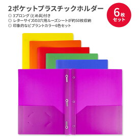 ダンウェル 3プロング付 2ポケットプラスチックホルダー 6枚セット アソートカラー Dunwell 3-Prong Plastic Folders with Pockets ビブラントカラー ファイル 名刺スリット付 ラベル付 カラフル