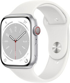 【新品】【即納】Apple Watch Series 8 GPS + Cellularモデル、45mmケース シルバーアルミニウムケースとホワイトスポーツバンド レギュラーを組み合わせたスマートウォッチ。フィットネストラッカー、血中酸素ウェルネスアプリと心電図アプリ、耐水性能 アップル