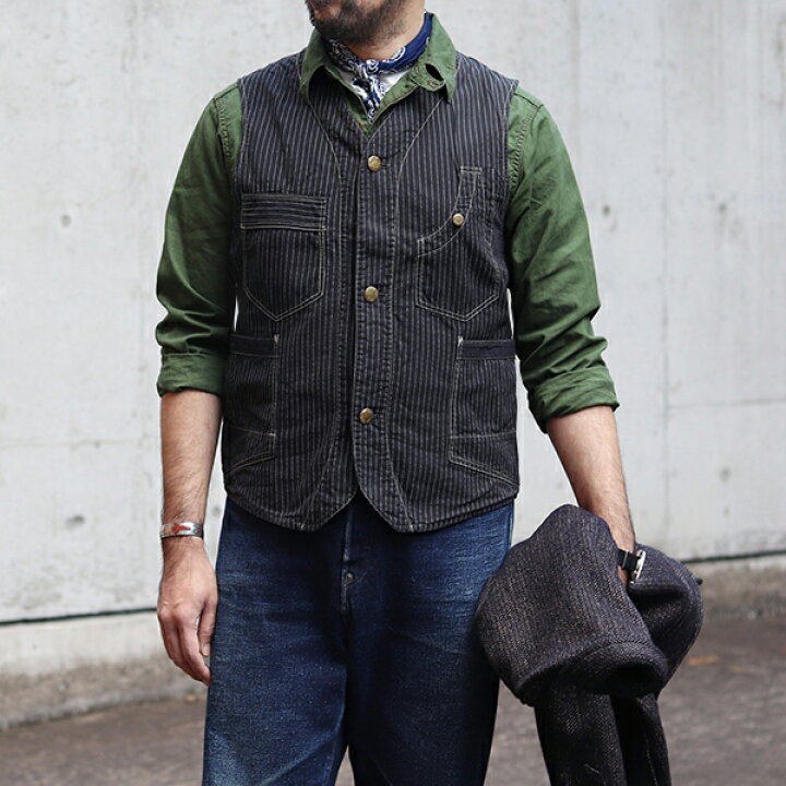 楽天市場 フリーホイーラーズ Trackwalker Vest Late 1800s Style Work Clothing Original Black Wabash Chambray Black Wabash Stripe Chambray Freewheelers Speedway