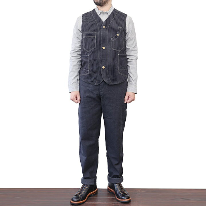 楽天市場 フリーホイーラーズ Trackwalker Vest Late 1800s Style Work Clothing Original Black Wabash Chambray Black Wabash Stripe Chambray Freewheelers Speedway