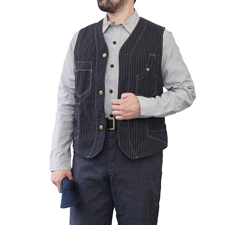 楽天市場 フリーホイーラーズ Trackwalker Vest Late 1800s Style Work Clothing Original Black Wabash Chambray Black Wabash Stripe Chambray Freewheelers Speedway
