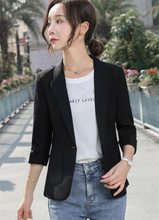 サマージャケット レディース 大きいサイズ フォーマル 黒 ビジネス テーラード 夏 ビジネススーツ 7分袖 レディーススーツ オフィス