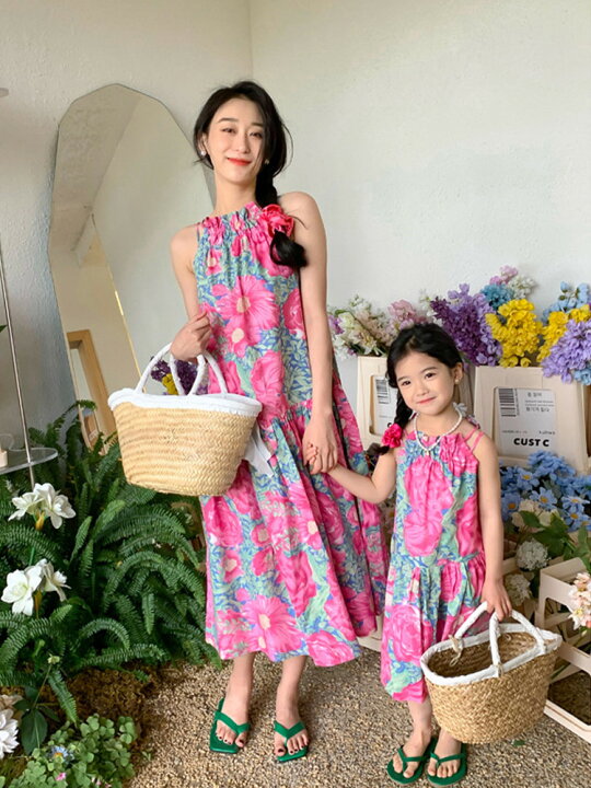 楽天市場】親子ペア ワンピース 花柄 フリル ワンピース 桃色 