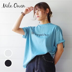 Mila Owen (ミラオーウェン) ロールアップ1段ロゴTシャツ(09WCT234028) レディース Tシャツ シンプル カラフル ロゴ プリント ホワイト ブルー ブラック