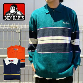 BEN DAVIS ベンデイビス Rower Knit L/S Polo (23380024) メンズ トップス ポロシャツ ジップ ビッグシルエット オーバーサイズ 長袖 カジュアル ストリート