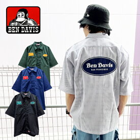 BEN DAVIS ベンデイビス BEN　WAPPEN SS WORK SHIRTS (23580032) メンズ トップス シャツ ワッペン ボタン 半袖 ロゴ オーバーサイズ ゆったり シンプル ポケット カジュアル ストリート アメカジ ワーク ストライプ グリーン 緑 ネイビー 紺 ブラック 黒 春夏