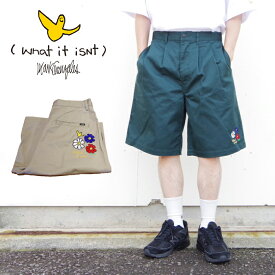 (What it isNt) ART BY MARKGONZALES ワット イット イズント T/C WIDE SHORTS (2H313878/2H3-13878) メンズ レディース ユニセックス ボトムス ショーツ ハーフパンツ タック 刺繍 ロゴ ツイル ストリート カジュアル ゆったり