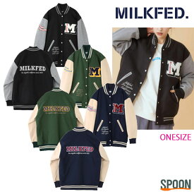 ミルクフェド アウター MILKFED VARSITY JACKET ブラック グリーン ネイビー ONESIZE 103224021007 ジャケット ブルゾン レディース スタジャン スタジアムジャンパー オーバーサイズ ガーリー ロゴ メンズライク ドロップショルダー ロゴ刺繍 中学生 高校生 大学生 学生