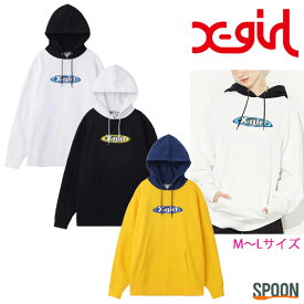 エックスガール スウェット X-girl FOAM PRINT OVAL LOGO SWEAT HOODIE ブラック イエロー M L 105224012017 トップス フーディー スエット パーカー レディース オーバーサイズ メンズライク ビッグサイズ 裏毛 中学生 高校生 大学生 学生