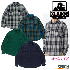 エクストララージ シャツ XLARGE HEAVY WEIGHT FLANNEL SHIRT ブラック ブラウン グリーン ネイビー M L XL101223014006 トップス シャツ メンズ 長袖 シンプル ストリート カジュアル ロゴ 羽織 刺繍 チェック 無地 厚手 中学生 高校生 大学生 学生 トレンド