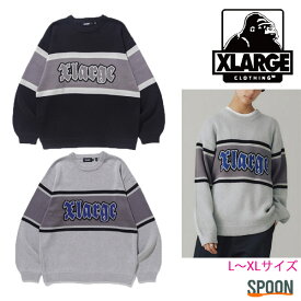 XLARGE エクストララージ ニット STRIPED CREWNECK KNIT TOP 101241015001 トップス カットソー ハーフジップ コットン メンズ シンプル ストリート カジュアル ロゴ 刺繍 OLD ENGLISHロゴ ストライプ 大人ストリート ベーシック