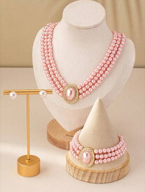 [ 7日から10日程度でお届け予定 ] ジュエリー レディース セット 女性用ジュエリーセット 1セット、ファッショナブルなピンクの人工真珠ビーズマルチレイヤーのネックレス、ブレスレット、ピアスセット、パーティーのプレゼントに最適