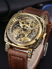 [ お取寄商品 7から10営業日程度でお届け予定 ] 腕時計 メンズ 機械式 男性用自動巻き機械式腕時計、ヴィンテージ彫刻入りレザーストラップ防水腕時計、贈り物に最適 1個