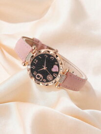 [ お取寄商品 7から10営業日程度でお届け予定 ] 腕時計 レディース セット 6 ピース/セット女性のファッショナブルなシンプルなピンク ストラップ時計花柄スケールクォーツ時計 + ピンクのラインストーンの装飾時計アクセサリーセット