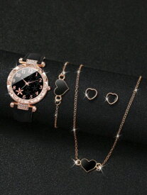 [ お取寄商品 7から10営業日程度でお届け予定 ] 腕時計 レディース セット レディースベルトファッショナブルでシンプルなダイヤモンド象嵌の花の形のダイヤルクォーツ時計 + 愛のテーマのジュエリーセット (5個/セット)