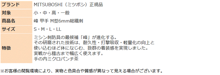 楽天市場】剣道 ミツボシ 峰 A-60052 甲手 コテ M型6mm総織刺 手の内