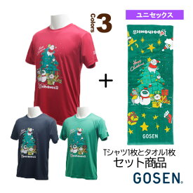 【テニス・バドミントンウェア（メンズ/ユニ） ゴーセン】 （NPT19／NTF05）ぽちゃ猫／クリスマス BADMINTON／Tシャツ＆タオルセット／ユニセックス