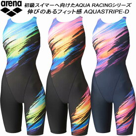 【全品ポイント2倍+最大1500円OFFクーポン】アリーナ arena レディース 競泳水着 FINA承認 ハーフスパッツ オープンバック 着やストラップ AQUA STRIPE-D ARN-4060W