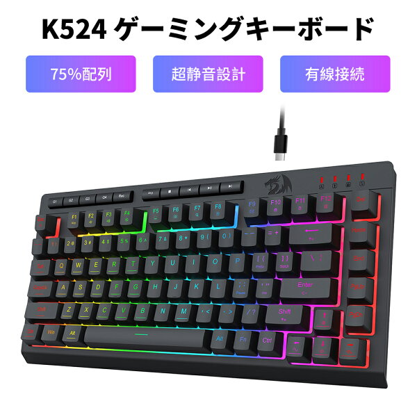 Redragon K524 静音 ゲーミングキーボード 有線 USB-C 英語配列 75%コンパクト テンキーレス 防ゴースト RGBバックライト カスタマイズ対応 PS5/Xbox/PC対応 ブラック