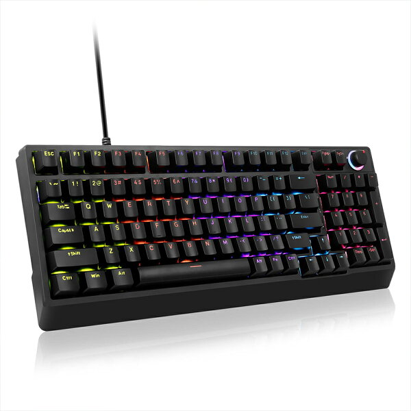 【月末限定｜3,000円以上で299円OFFクーポン】  ゲーミングキーボード メカニカルキーボード 有線 静音赤軸 96% コンパクト テンキー付き ノブ付き 英語配列 LED サイド発光 Windows/Mac対応 (ブラック)HUO JI