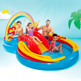 57453 INTEX レインボーリングプレイセンター 297×193×高さ135cm ｜ 日本正規品 インテックス intex プール すべり台付き キッズ ベビー 大人気 滑り台 ビニールプール 家庭用プール 子供用 大きいプール アーチ シャワー 当日〜2日以内に出荷(店舗休業日を除く)