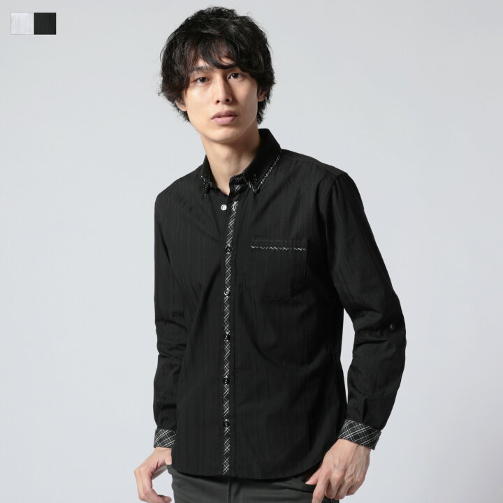 楽天市場 シャツ メンズ 春 夏 秋 リバーシブル ストライプ ダブルカラー ボタンダウンシャツ 2枚襟 ストライプ チェック 長袖 白 黒 M L Sputnicks スプートニクス