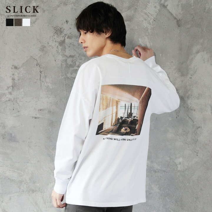 楽天市場 Tシャツ カットソー ロンt メンズ オールシーズン 秋服 ドロップショルダー プリントtシャツ フォトプリント トレーナー 長袖 ブラック ホワイト ブラウン Slick スリック Sputnicks スプートニクス
