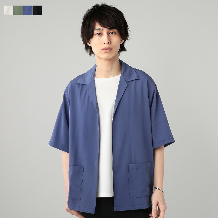 楽天市場 シャツ メンズ 春 夏 春服 夏服 ベージュ グリーン ブルー ブラック ポリエステル オーバーサイズ 五分袖 シャツジャケット ボタンレス M L Sputnicks スプートニクス