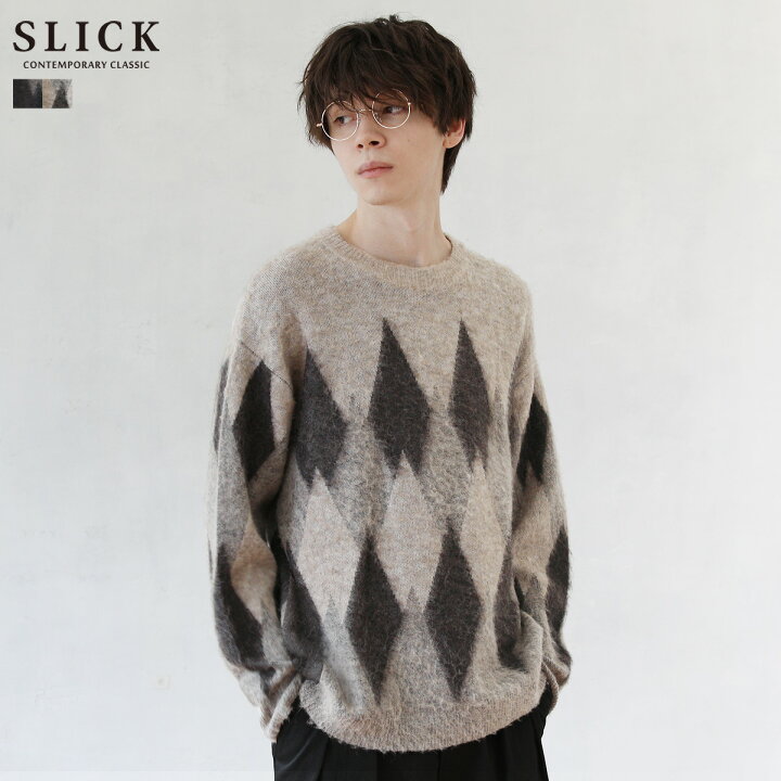 楽天市場 ニット メンズ アーガイル柄 ベビーアルパカ 秋 冬 秋服 冬服 クルーネック ブラウン ベージュ M L Slick スリック Sputnicks スプートニクス
