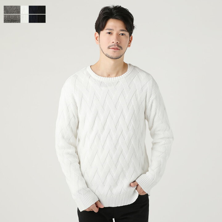 楽天市場 ニット メンズ メンズファッション コットンニット 秋 秋服 冬 冬服 春 春服 コットン ジャガード クルーネック ニット 綿100 ホワイト グレージュ ネイビー ブラック M L Sputnicks スプートニクス