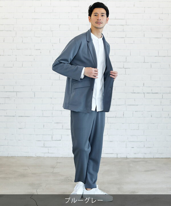 楽天市場 セットアップ メンズ メンズファッション 春 秋 春服 秋服 上下セット テーラードジャケット テーパードパンツ イージーパンツ ダンボールニット ウエストゴム ドローコード ポリエステル 綿 ストレッチ 伸縮性 ベージュ チャコール グレー ブルー M