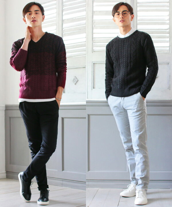 楽天市場 送料無料 ニット メンズ ケーブルニット セーター ケーブル 長袖 ホワイト ブラック グレー チャコール ワイン ネイビー キャメル カーキ ブルー ベージュ グラデ グラデーション ミックス トップス 秋 冬 秋服 冬服 Sputnicks スプートニクス