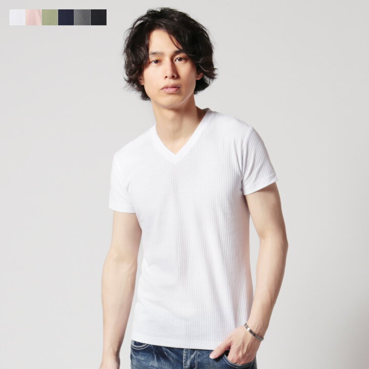 楽天市場 メール便対応 カットソー Tシャツ メンズ メンズファッション 春 春服 夏 夏服 シアサッカー Vネック 半袖 カットソー ストライプ ホワイト ピンク カーキ チャコール ブラック ネイビー M L Sputnicks スプートニクス