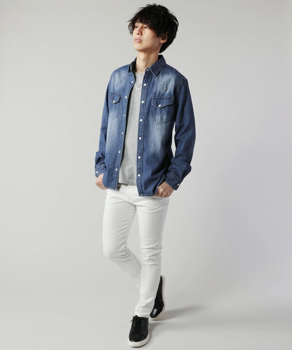 楽天市場 デニム シャツ メンズ 春 秋 秋服 冬 6 5oz デニム 長袖 デニムシャツ ウエスタン アメカジ カジュアル ホワイト ハードウォッシュ ブリーチ インディゴ ワンウォッシュ ヴィンテージ加工 M L Spu スプ Sputnicks スプートニクス