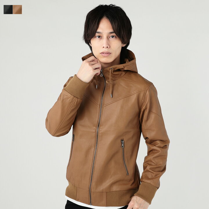 楽天市場 ジャケット アウター メンズ Puレザー フード ボリュームネック リブ 無地 ブラック キャメル M L 春 秋 冬 春服 秋服 冬服 バイク バイカー Spu スプ Sputnicks スプートニクス