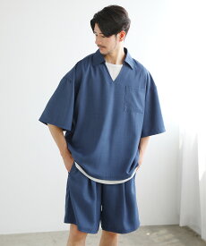 【3点セット】 セットアップ メンズ 夏 夏服 春夏 シャツ 半袖 5分袖シャツ スキッパー プルオーバー タンクトップ ロング ショーツ ショートパンツ イージーショーツ ハーフパンツ タック テックリネン オーバーサイズ 大きめ ゆったり 大きいサイズ S M L XL SPU