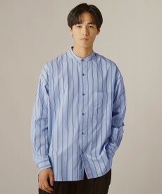 シャツ トップス メンズ 秋 秋服 冬 冬服 バンドカラー 長袖 コットン 綿100 オーバーサイズ ドロップショルダー ドビー織 ストライプ ネイビー サックス M L SLICK スリック