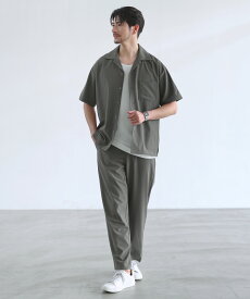 【上下2点セット】 セットアップ メンズ 夏 夏服 半袖 上下セット ノーカラー カーディガン 半袖カーデ シャツ オープンカラーシャツ 半袖シャツ イージーパンツ AIR TECH DOT 接触冷感 防シワ 速乾 ストレッチ 涼しい マシンウォッシャブル S M L LL XL