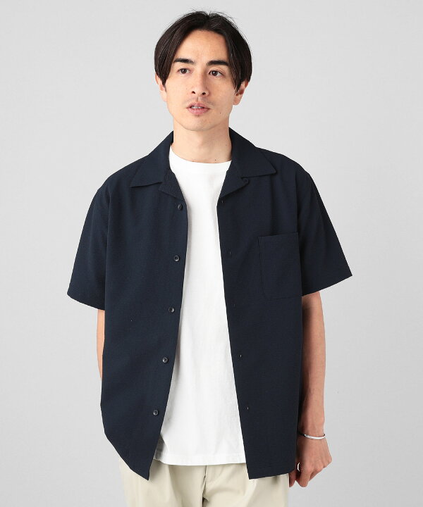 楽天市場 シャツ オープンカラーシャツ メンズ 半袖 春 夏 春服 夏服 接触冷感 冷たい ひんやり 涼しい シアサッカー 軽量 ネイビー ブラック ベージュ ストライプ Spu スプ セットアップ対応 Sputnicks スプートニクス