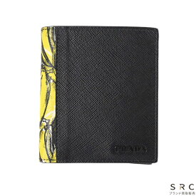 【美品】PRADA プラダ サフィアーノアクティブ バナナ トロピカル コンパクト 二つ折り財布 札入れ 黒 ブラック メンズ レディース 小銭入れ無し