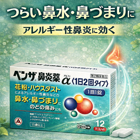 【第(2)類医薬品】 ベンザ鼻炎薬α 12 24 カプレット 錠剤 アリナミン製薬 花粉症 ハウスダスト アレルギー性鼻炎 鼻水 鼻づまり プソイドエフェドリン クロルフェニラミン トラネキサム酸 常備薬 携帯薬 メール便
