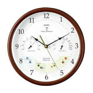 スタンダードでいつまでも愛されるスッキリデザイン インテリア電波クロック オフィスやご家庭での冷暖房時の温度・湿度管理に最適 シンプルで見やすい文字盤です 4つの光でお天気予測