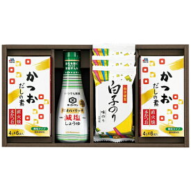 花霞 調味料詰合せ AR-A 厳選した食卓の必需品を心を込めてお届けします キッコーマンいつでも新鮮味わいリッチ減塩しょうゆ200ml×1本 白子のり味のり(8切5枚)3袋 マルトモかつおだしの素(4g×6袋)2箱 賞味期間/ …