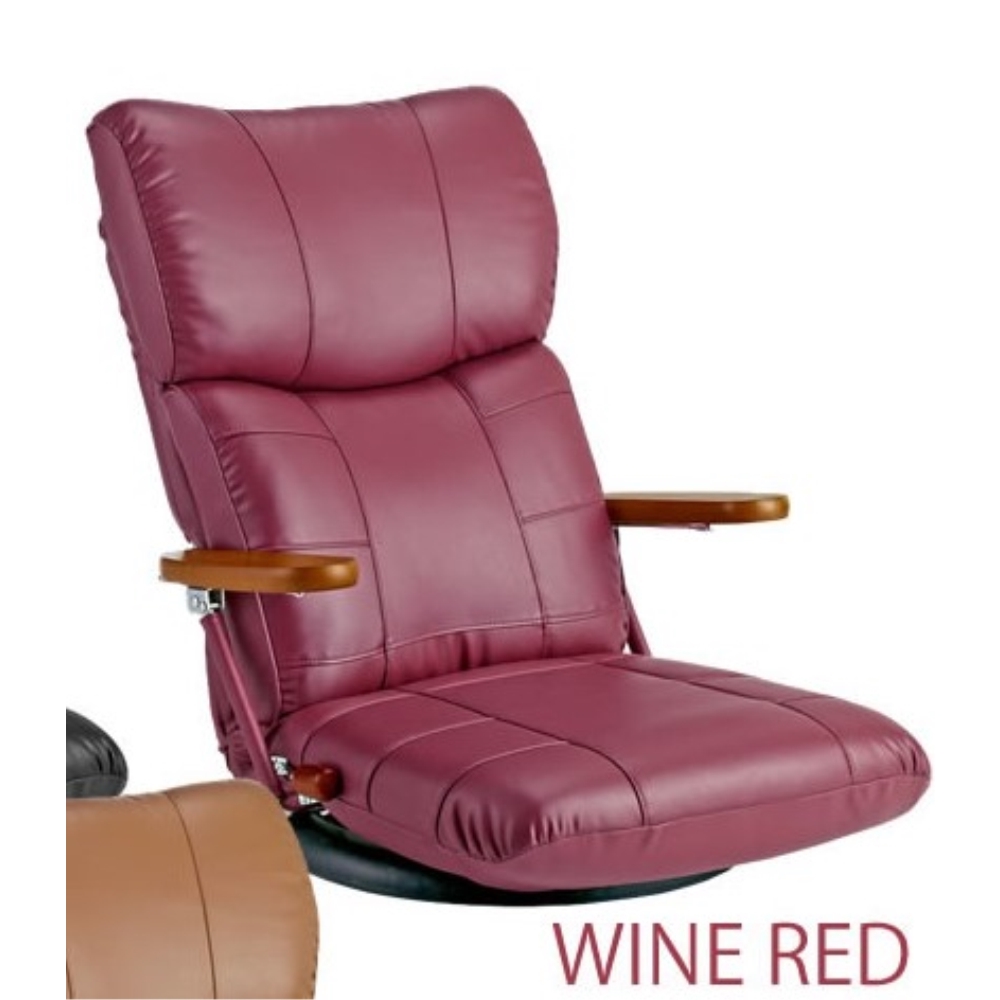 座椅子 1人掛け 13段階リクライニング 木肘 スーパーソフトレザー座椅子 カラー：ワインレッド