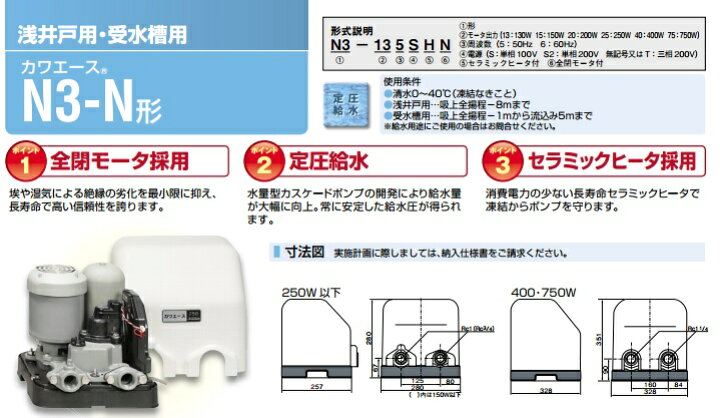 楽天市場】川本ポンプ 井戸ポンプ 400W 家庭用給水ポンプ N3-405SHN/N3 