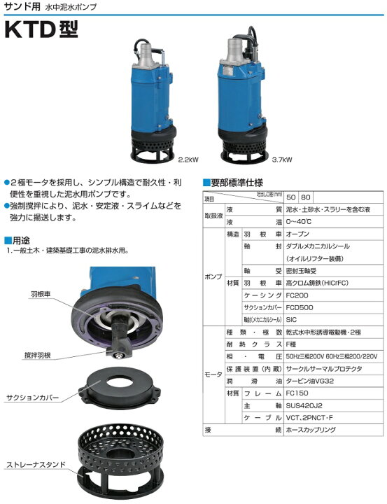 楽天市場】ツルミポンプ 水中ポンプ 汚泥用 排水ポンプ KTD22.2 2.2kW 